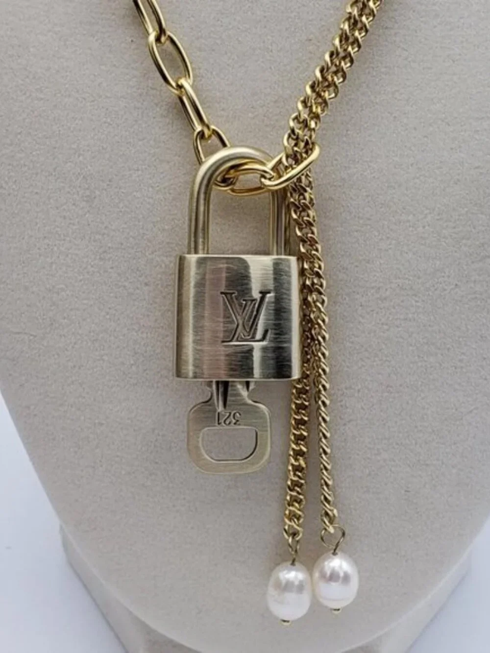 Stainless Steel Gold-Plated Necklace with Authentic Louis Vuitton Padlock